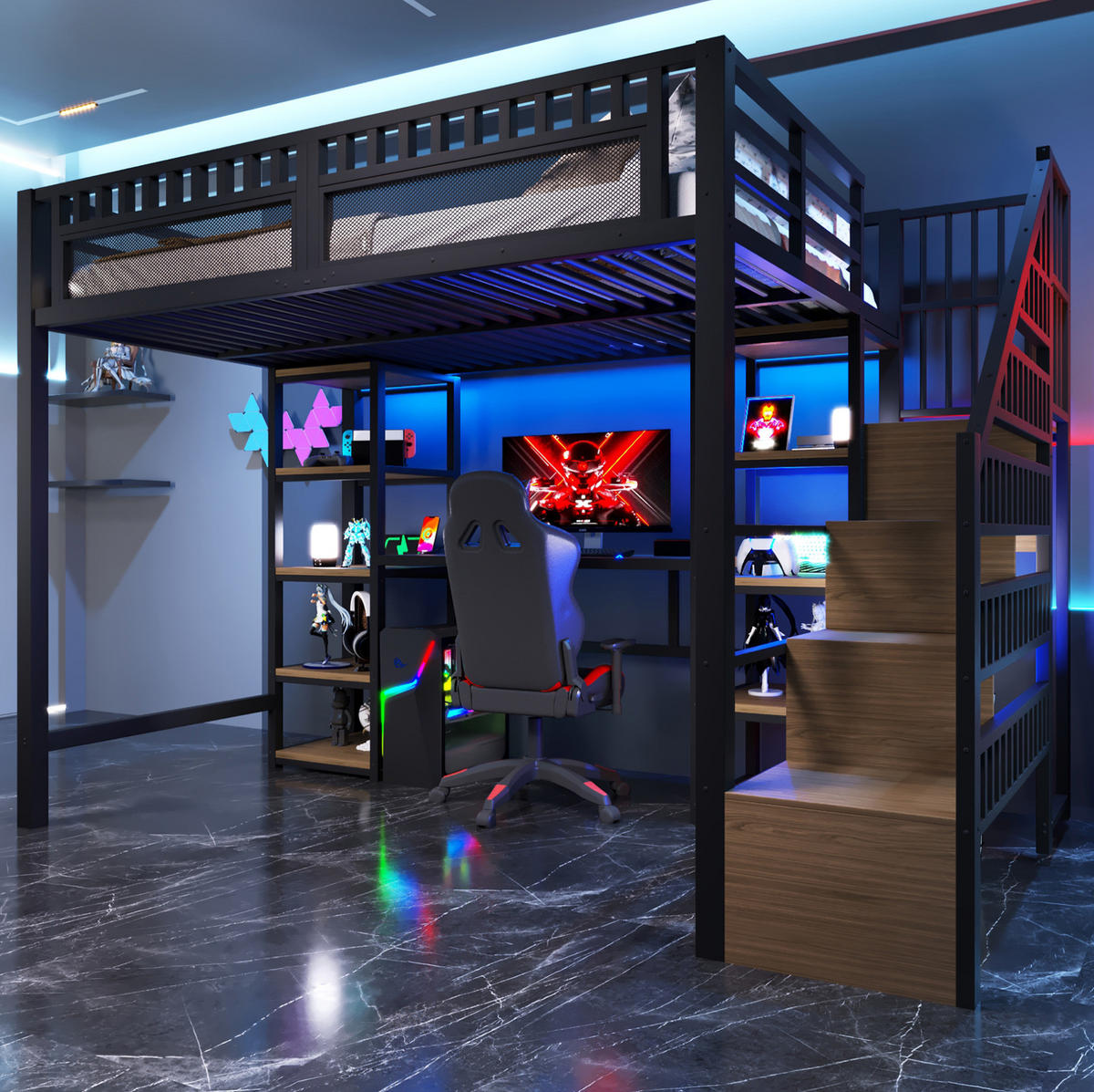HOCHBETT 140/200 cm aus Metall mit Schreibtisch, Stauraumleiter und LED-Lichtleiste Schwarz - Schwarz, Metall (140/200cm) - Modenvie