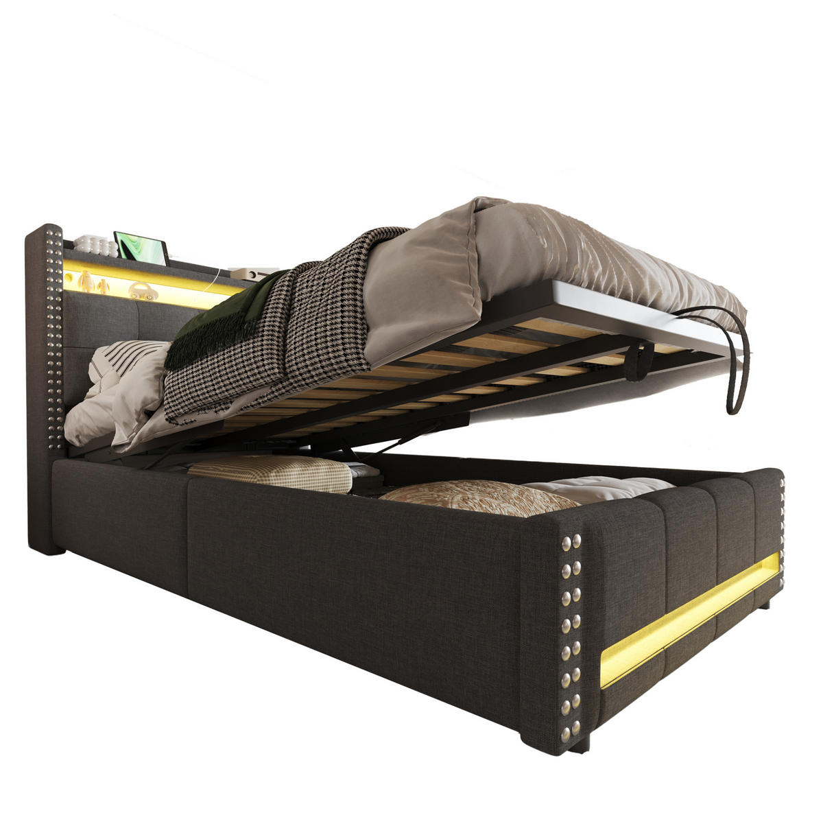 POLSTERBETT 90/200 cm mit LED-Beleuchtung und Bettkasten in Grau - Grau, Textil (90/200cm) - BEAOK