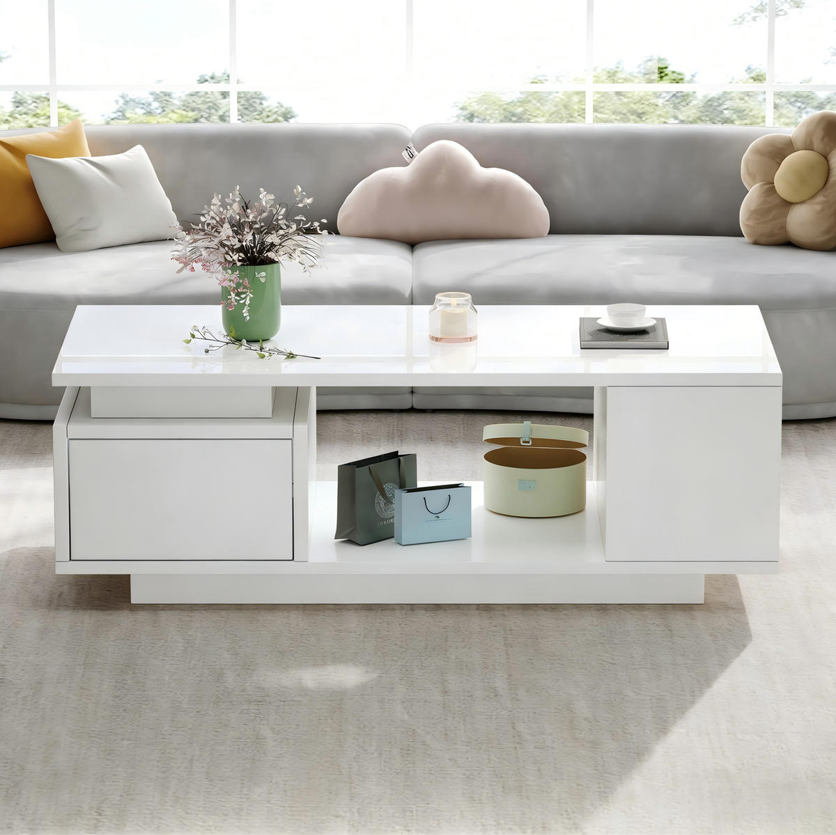 COUCHTISCH mit Schublade 100 x 50 x 36 cm Hochglanz Weiß mit LED - Weiß, Holzwerkstoff (100/50/36cm) - Meubliv