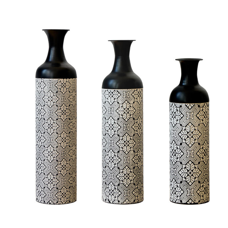 BODENVASE 3-tlg Bodenvase-Set 50-83cm Stapelbare Metallvase Geometrisch für Trockenblumen - Schwarz, Metall (69.5cm) - Raelunyi