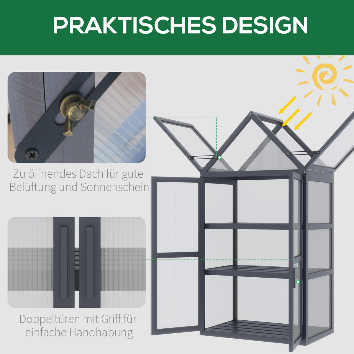 FRÜHBEET mit 3 Ebenen, wetterfest, mit Doppeltüren, Polycarbonat, Natur - Grau, Kunststoff (42/132/70.5cm) - Outsunny