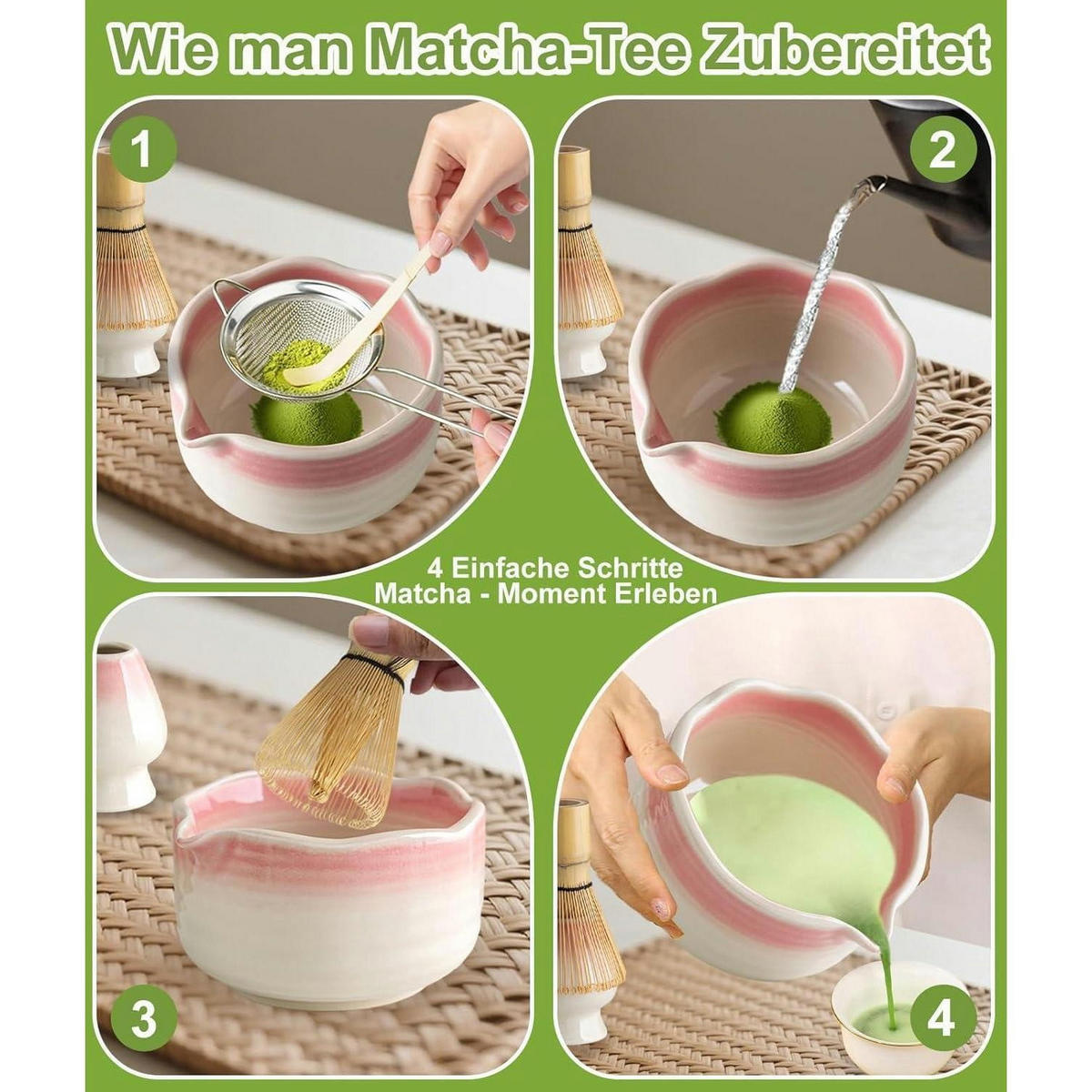 MATCHA Set 7-teilig mit Schale, Besen und Sieb Farbverlauf Rosa - Rosa, Keramik (15/10/15cm)
