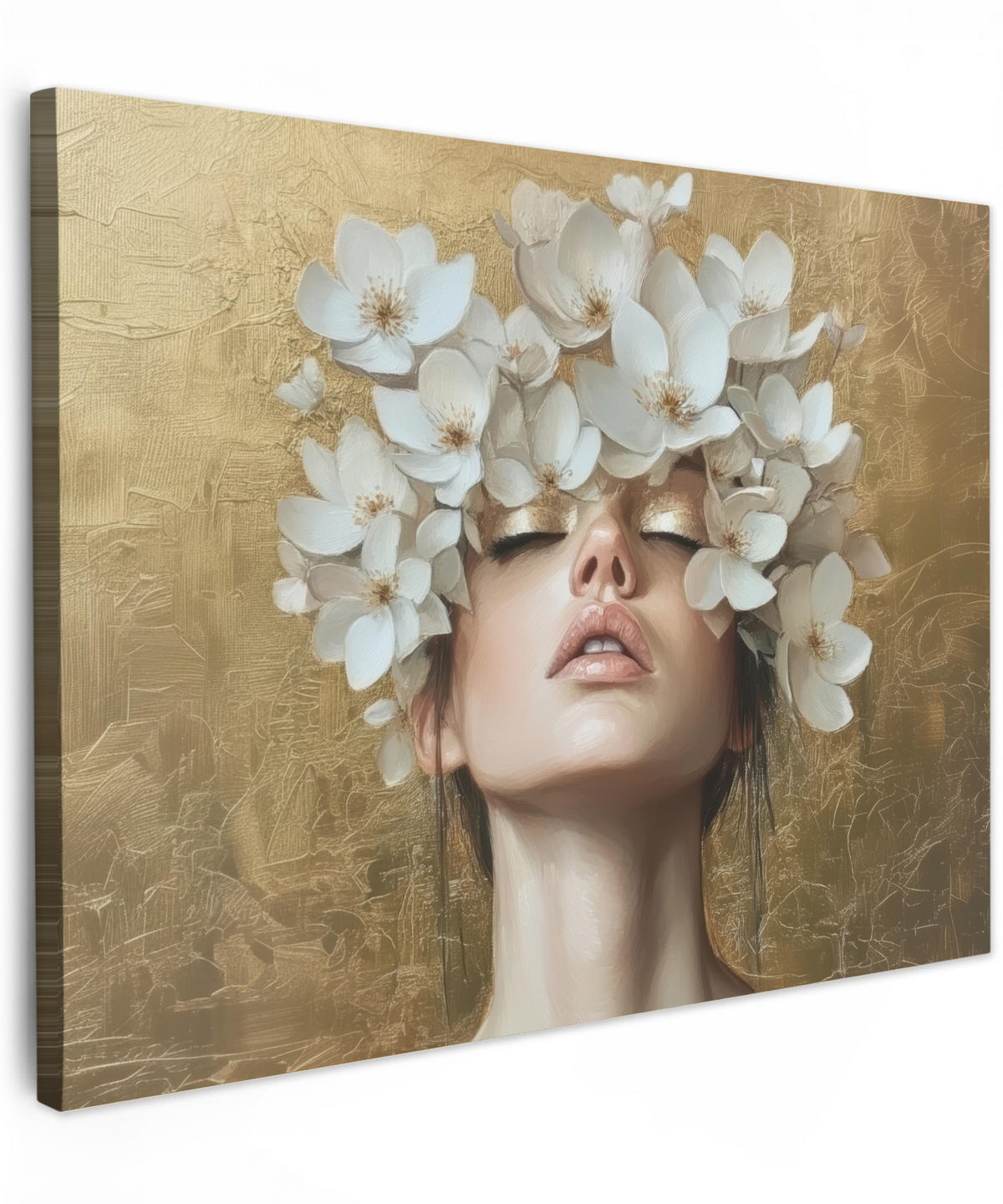 LEINWANDBILD Gesicht - Blumen - Gold - Abstrakt Wandbild 40x30 cm - Goldfarben, Textil (40/30cm) - MuchoWow
