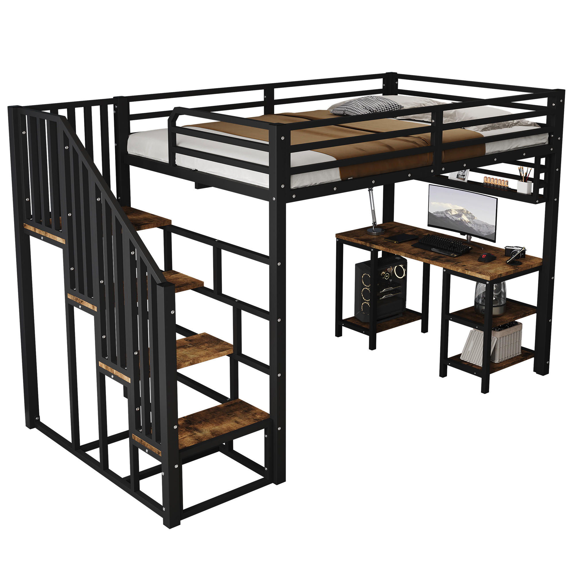 HOCHBETT 120/200 cm schwarz/dunkelwalnuss aus Metall-Holz mit Tisch - Schwarz, Metall (120/200cm) - OKWISH