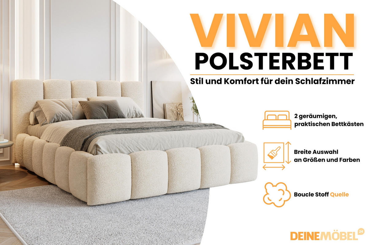 POLSTERBETT VIVIAN 180/200 in Boucle Creme - Braun, Holz/Holzwerkstoff (180/200cm) - Deine Möbel 24