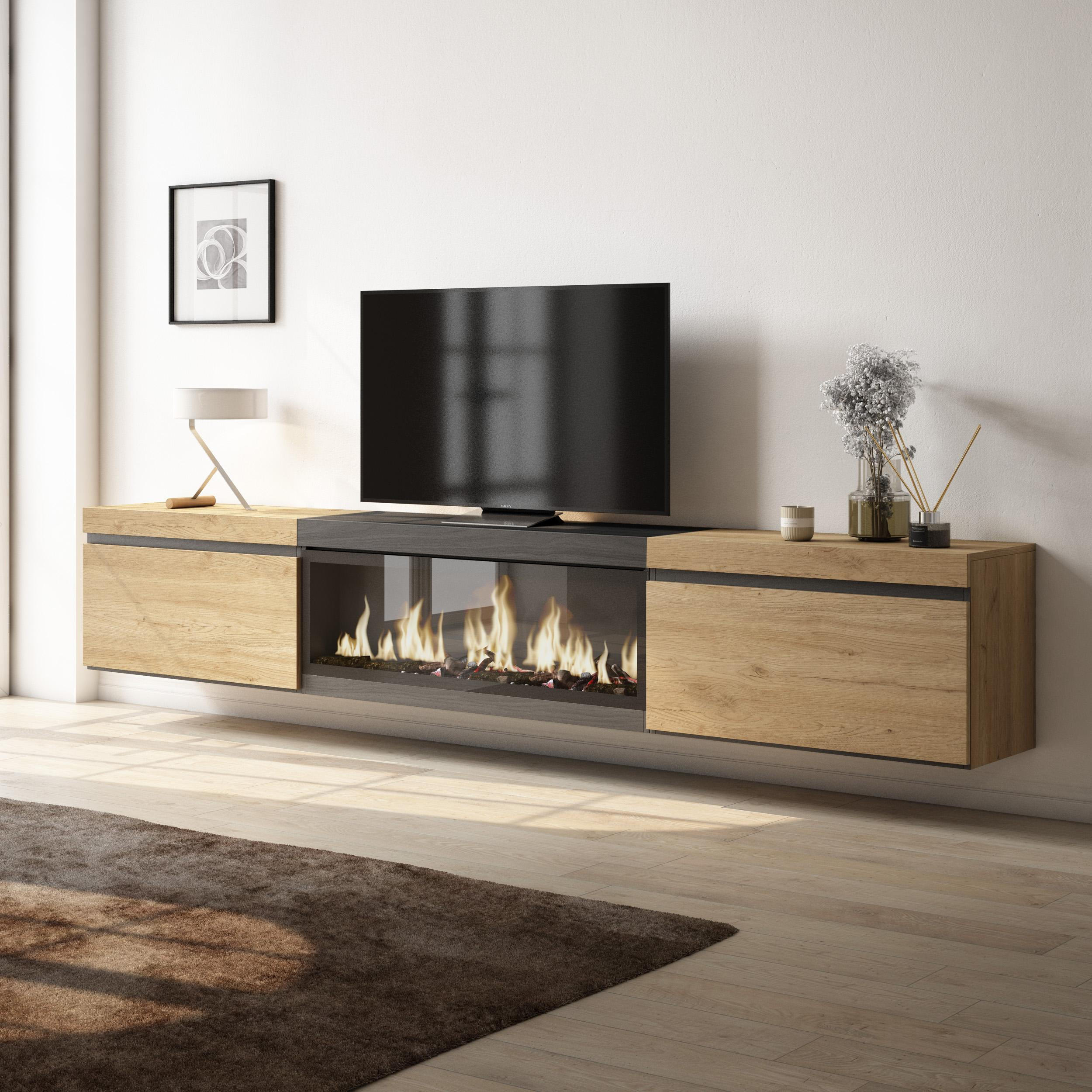 TV-SCHRANK Lowboard, Elektrokamin XXL, Hängend, eiche, schwarz, 267/35/45cm - Eichefarben/Schwarz, Holzwerkstoff (267/45/35cm) - Skraut Home