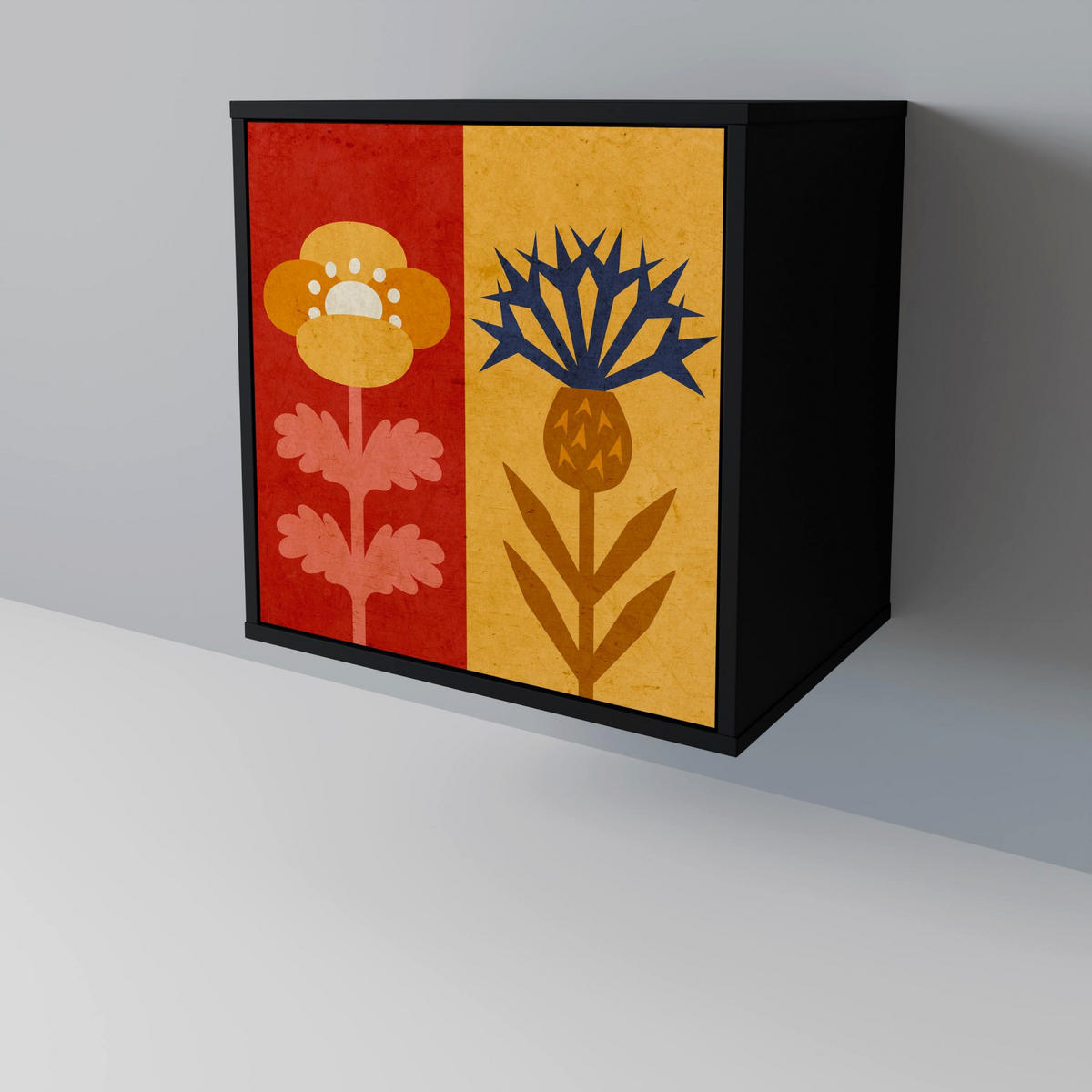 SIDEBOARD SCANDIC FLOWERET, Schwarz, 57,5x42x75,5 cm, Goldfarbene Metallfüße - Goldfarben/Multicolor, Holzwerkstoff/Metall (57.5/75.5/42cm) - SpaceRebels