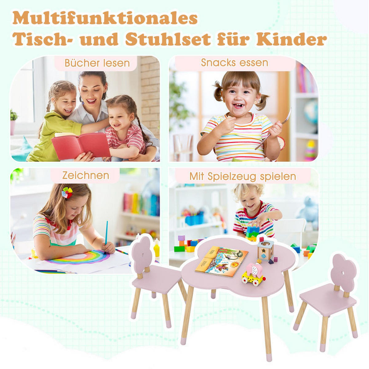 KINDERTISCH mit stuhl rosa(3-tlg) - Pink, Holzwerkstoff (60/44/60cm) - COSTWAY
