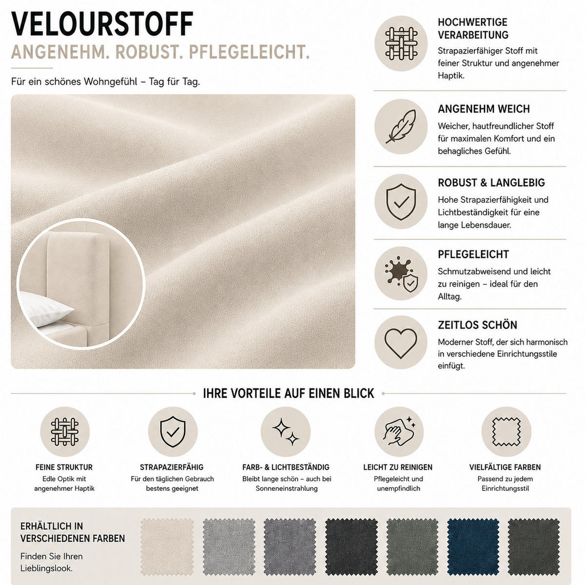 POLSTERBETT 180x200 cm, Nero, Doppelbett mit Bettkasten, Lattenrost aus Holz, Velourstoff, Beige - Beige, Holz/Kunststoff (180/200cm) - Marpur