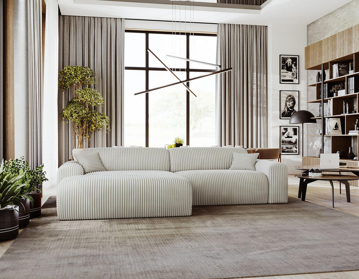 ECKSOFA mit Longchair - Cord - Silberfarben/Schwarz, Kunststoff/Textil (284/178cm) - home24