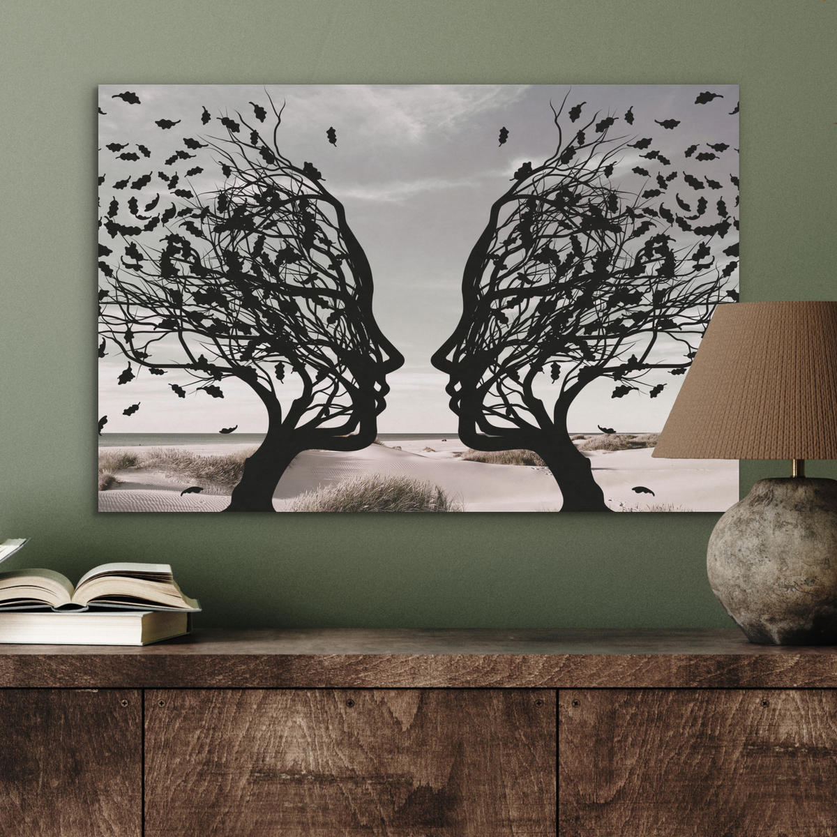 AKUSTIKBILD Strand - Meer - Menschen - Baum - Moderne Kunst Wanddeko 70x50 cm - Hellgrau, Kunststoff (70/50/0.9cm) - MuchoWow