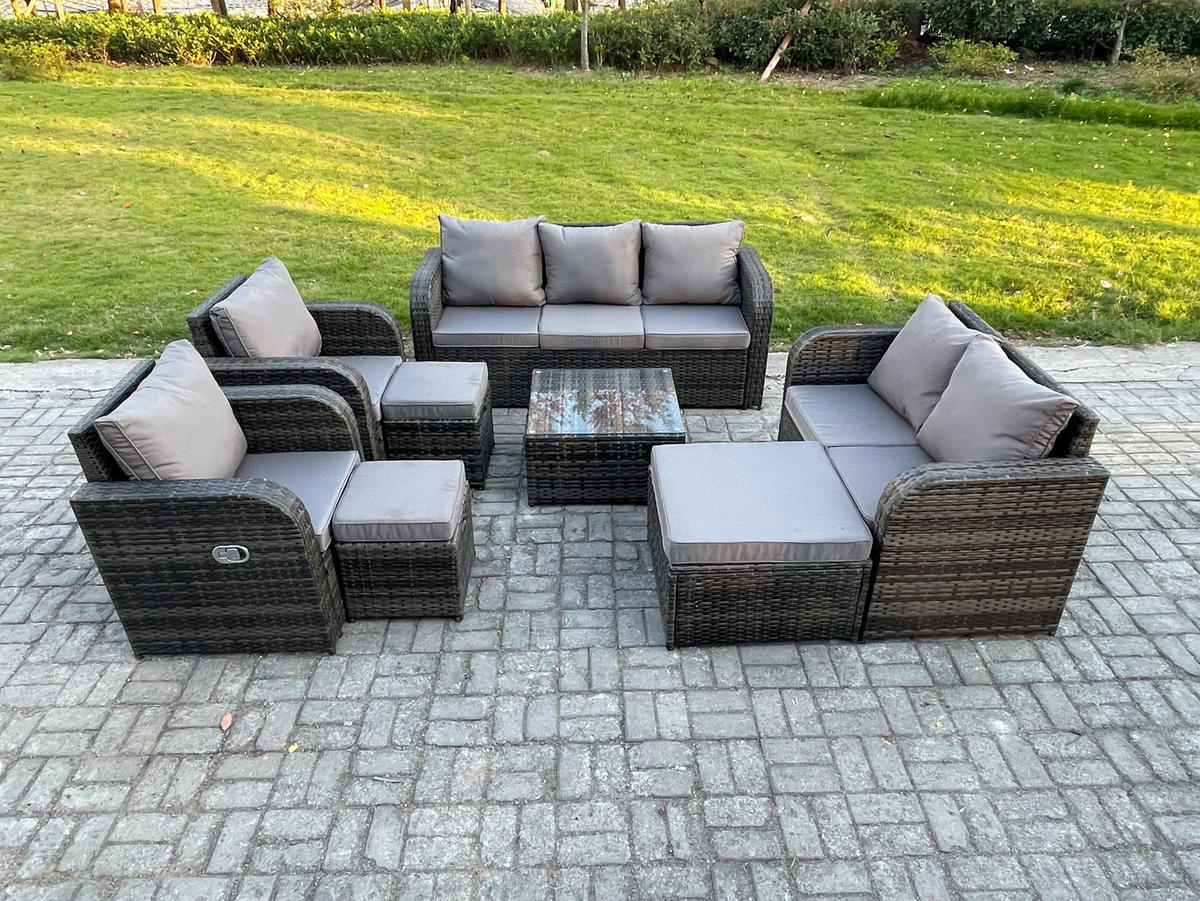 GARTENSOFA SET mit Couchtisch Polyrattan Dunkelgrau 8-teilige - Dunkelgrau/Grau, Glas/Kunststoff - Fimous