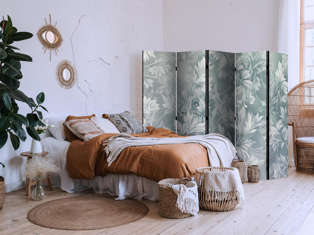 PARAVÁN Jednostranný 5-dielny 225x172 cm Vzor Listov - modrá, drevo/textil (225/172/3cm) - Muralo