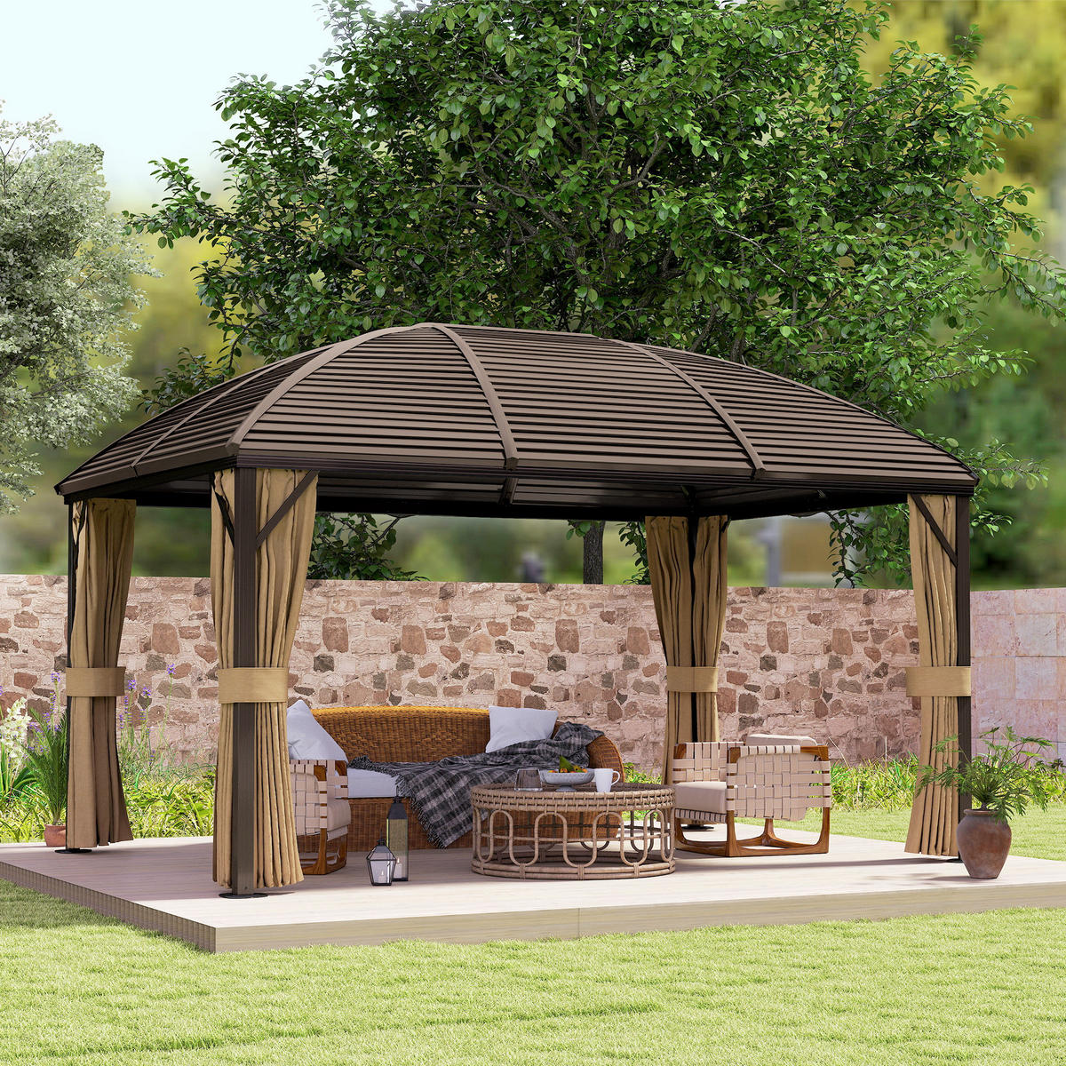 GARTENPAVILLON, Partyzelt, Festzelt, 4 x Doppel-Seitenteile, wasserdicht, 2 Laternenhaken, ca. 4 x 3 x 2,8 m, Braun - Braun, Metall (398/280/298cm)