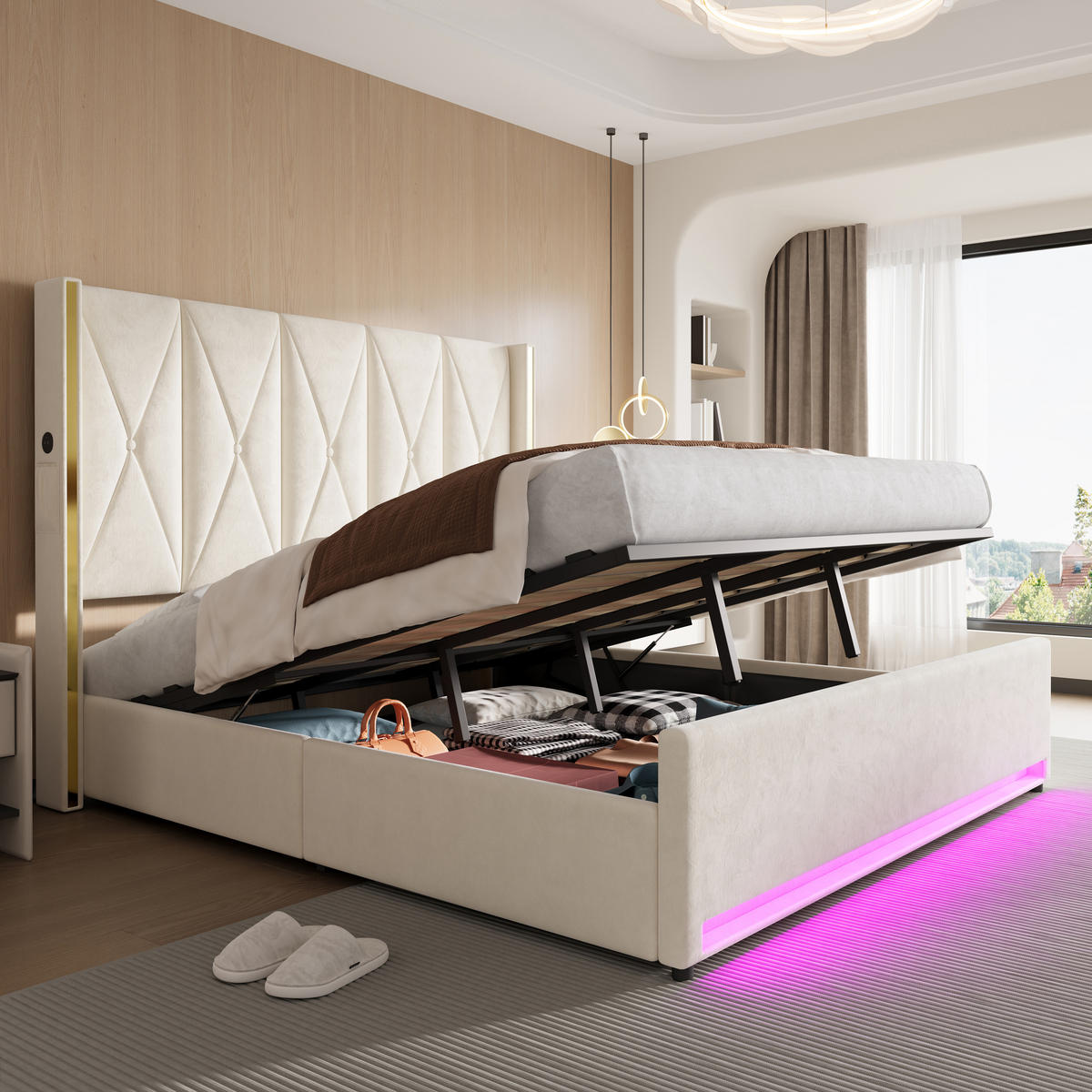 POLSTERBETT 180x200cm, Kopfteil gepolstert, Taschen, USB, LED, Hydraulik, Stauraum - Beige, Textil (180/200cm)