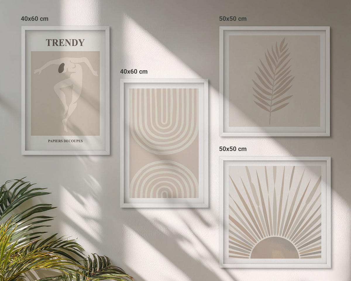 BILDER SET 4er Set - 50x50 cm & 40x60 cm Weißer Rahmen - Abstrakte Poster im Boho-Stil in Pastellfarben - Weiß, Kunststoff (50/50cm) - TULUP