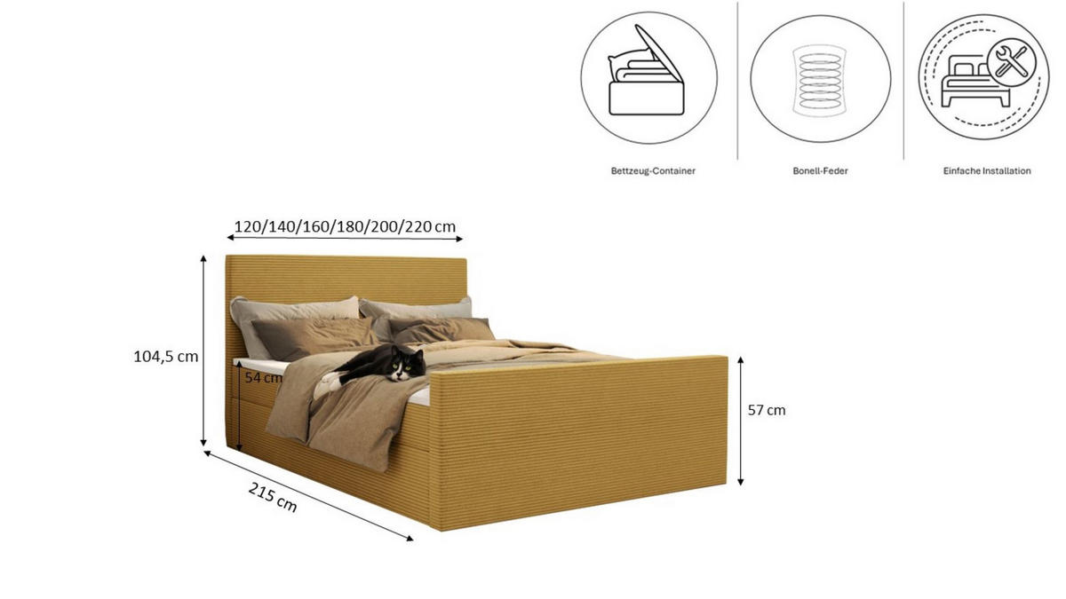 BOXBETT Mit Bettkasten Und Topper VIESTA Stoff Poso Gelb 200x200 cm H2-Pocket - Gelb, Holz/Kunststoff (200/200cm) - Kaiser Möbel
