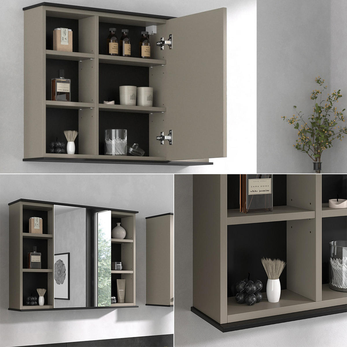 BADSPIEGELSCHRANK Joli Greige 80 x 60 cm mit Spiegel - Greige/Schwarz, Holzwerkstoff (80/60/17.4cm) - Vicco