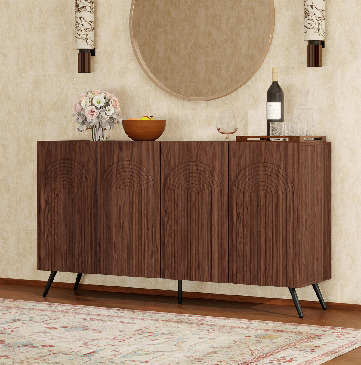 SIDEBOARD mit 4 Türen, verstellbaren Einlegeböden, 3D-Rillen und Magnetverschluss, Walnussbraun - Walnussfarben, Holzwerkstoff (150/83/38cm) - Redom