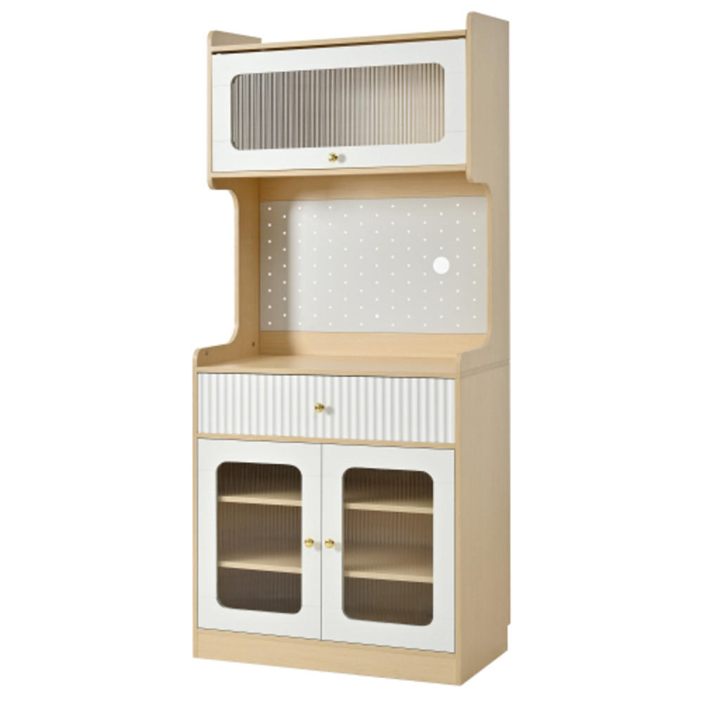 HIGHBOARD mit Riffelglas & LED-Beleuchtung, weiß-natur 80×40×180 cm aus MDF und Spanplatte - Weiß, Holzwerkstoff (80/180/40cm) - Luhomfu