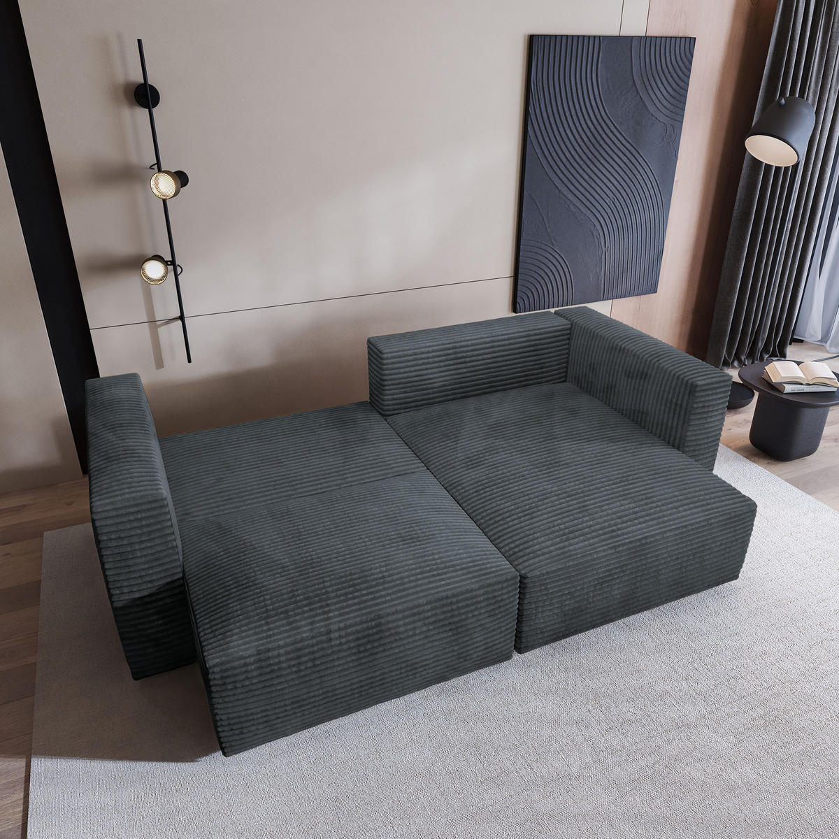 ECKSOFA NERIO Grau Kordstoff mit Schlaffunktion - Grau, Holz (245/148cm) - MASSENO