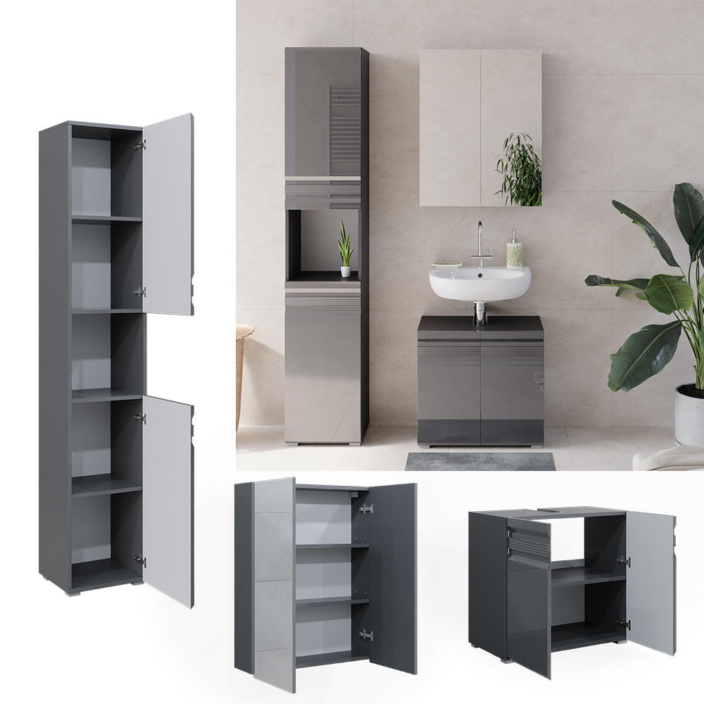 BADMÖBEL-SET Fredd Anthrazit Hochglanz 3 Teile, mit Hochschrank - Anthrazit, Holzwerkstoff (56/60/34cm) - Vicco