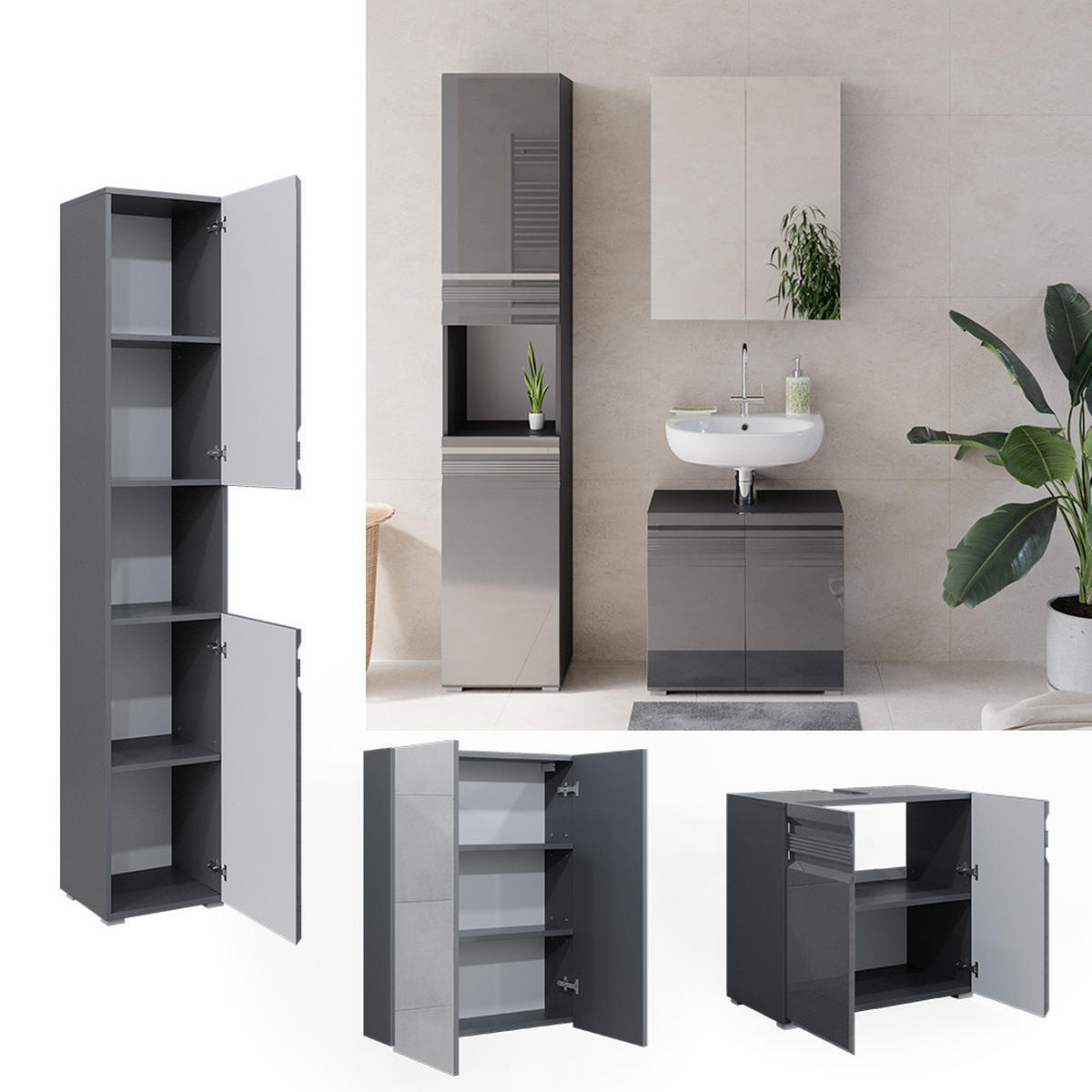 BADMÖBEL-SET Fredd Anthrazit Hochglanz 3 Teile, mit Hochschrank - Anthrazit, Holzwerkstoff (56/60/34cm) - Vicco