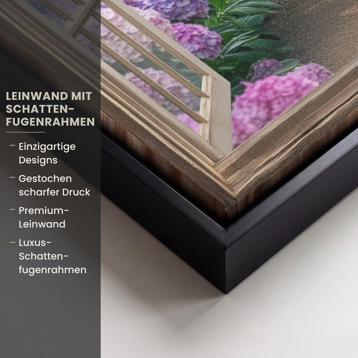 LEINWAND Bilder mit Rahmen - Aussicht - Garten - Fenster - Hortensie - Blumen - 30x40 - Pastellblau, Textil (30/40cm) - MuchoWow