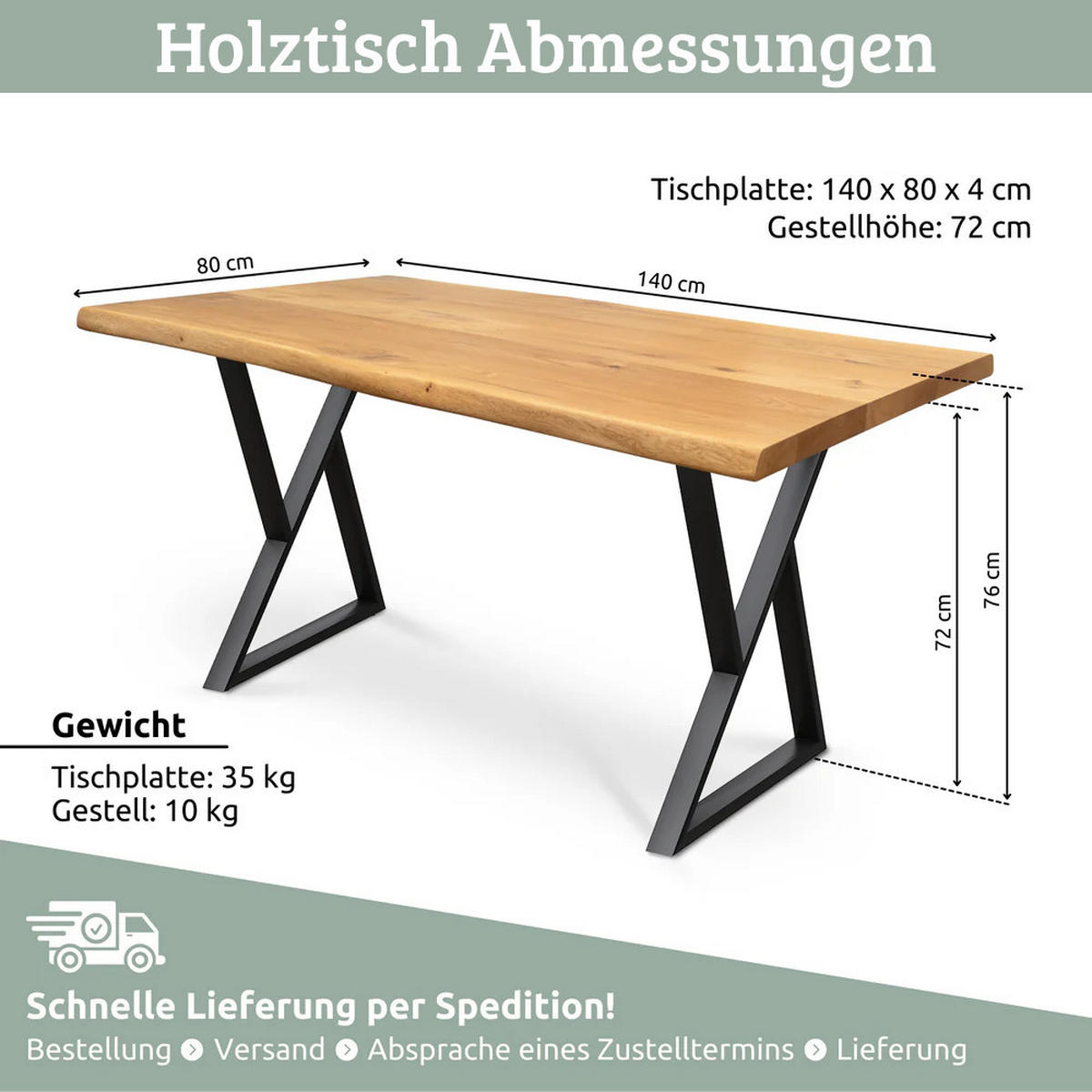 ESSTISCH Massivholz mit Baumkante KEANU 140x80 cm Eichenholz Doppel-Dreieck Gestell - Braun, Holz/Metall (80/140/76cm) - DELUKE