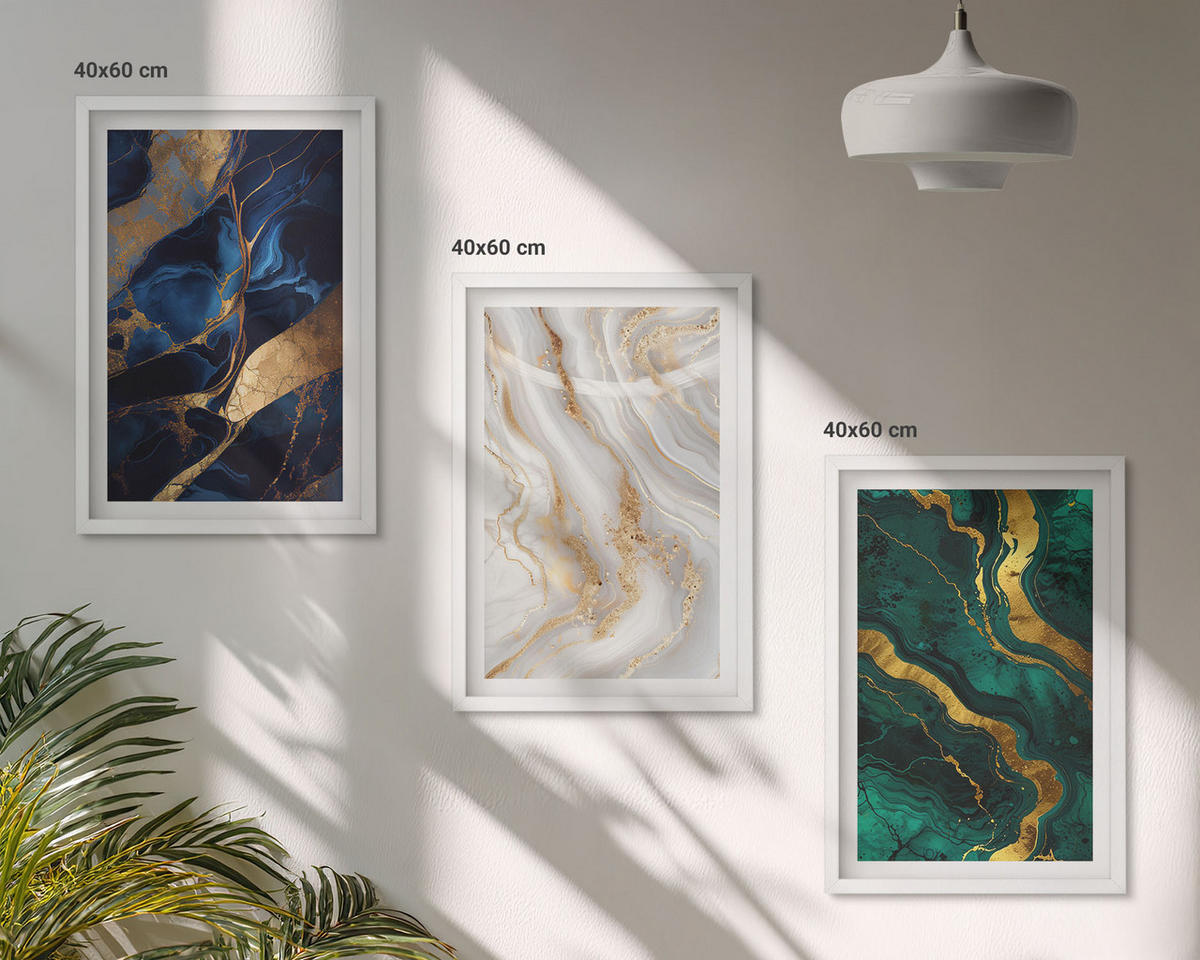 WANDBILDER 3er-Set - 40x60 cm Weißer Rahmen - Abstrakte blaugrüne Muster - Weiß, Kunststoff (40/60cm) - ArtPrintCave