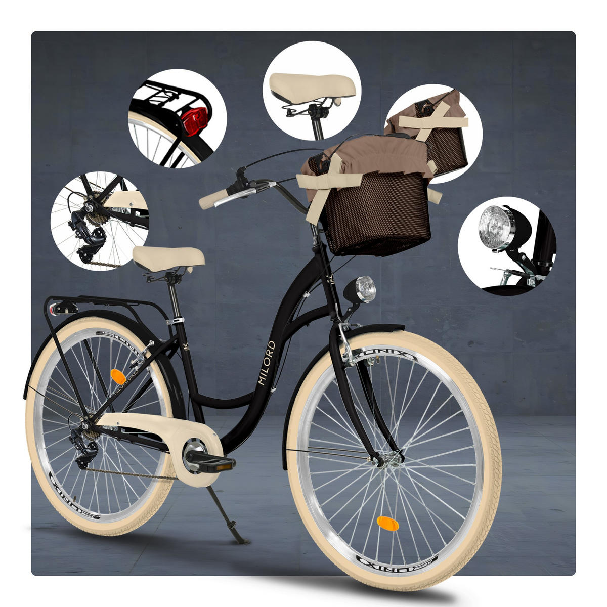 CITY-FAHRRAD Milord mit Metallkorb, 28 Zoll, Schwarz-Creme, 7-Gang - Creme/Schwarz, Metall (46cm) - Milordbikes