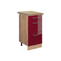 KÜCHENUNTERSCHRANK R-Line Rot Hochglanz 40 cm mit Schubladen, AP Eiche - Eiche Wotan/Rot, Holzwerkstoff (40/81.6/60cm) - Vicco