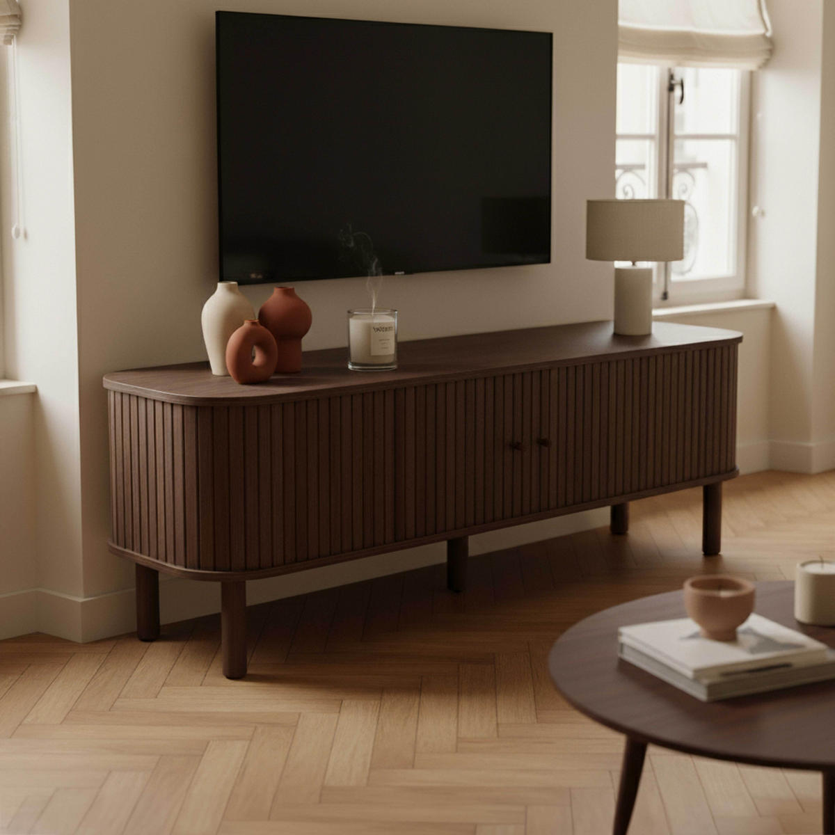 TV-SCHRANK, dunkles Holzeffekt - Braun, Holz (150/55/40cm) - Oviala