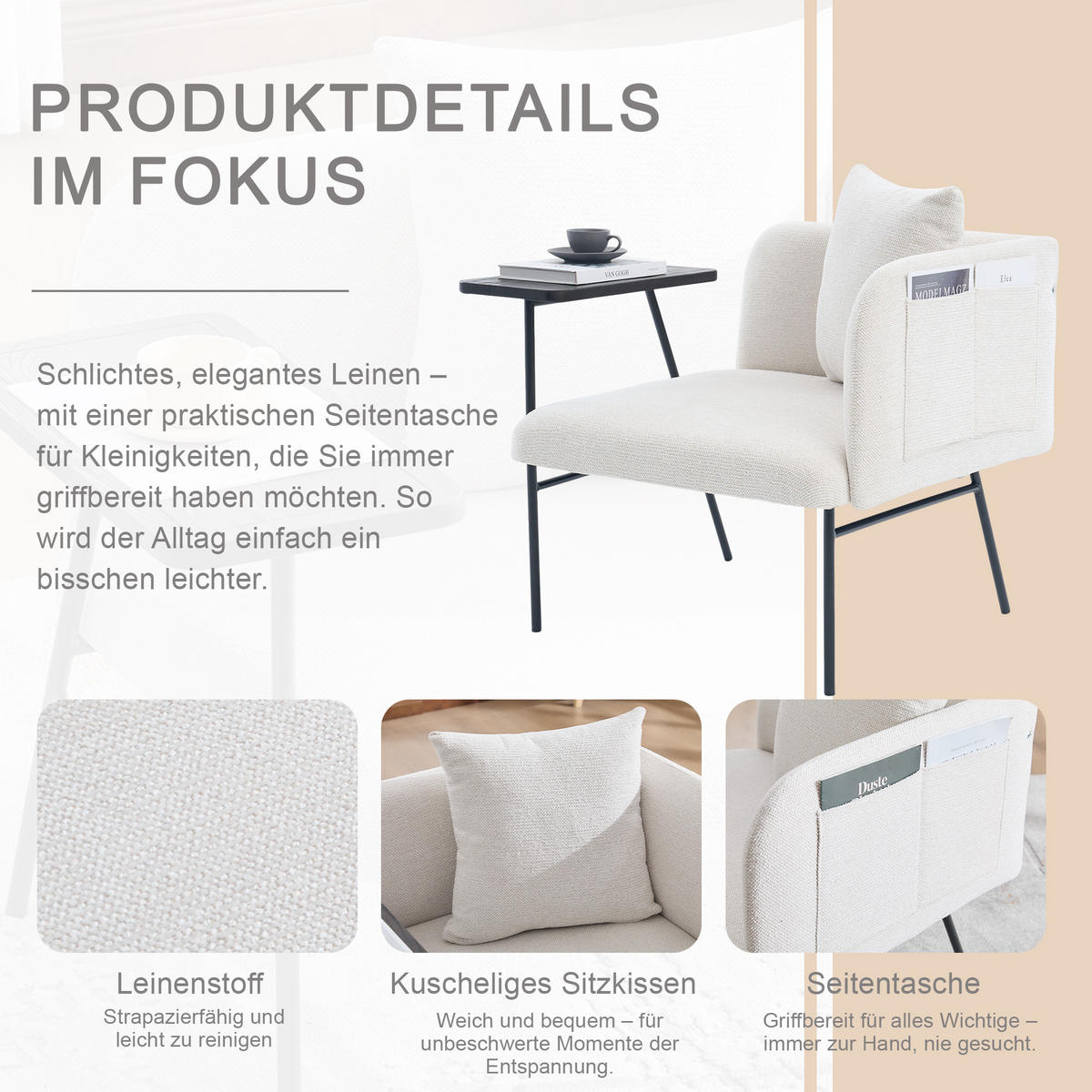 SESSEL Chenille Beige mit Beistelltisch und Seitentaschen - Beige, Textil/Metall (86/71/72cm) - WISHDOR