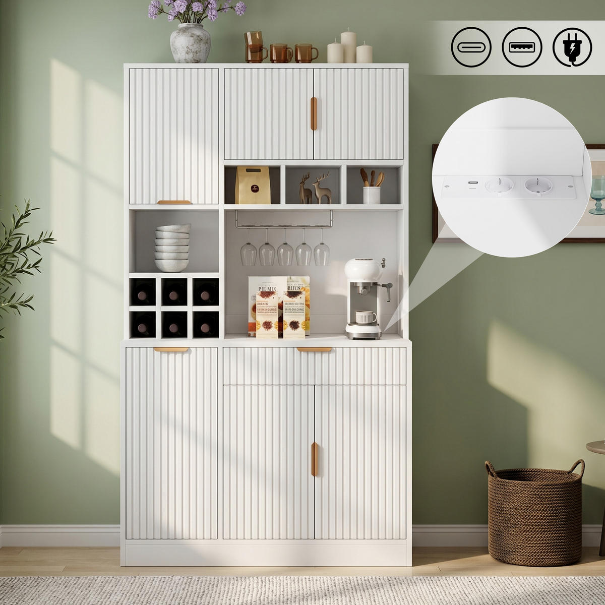 BUFFETSCHRANK Hochschrank Steckdose USB Weinablage Weiß - Weiß, Holzwerkstoff (100/175/40cm) - FLIEKS