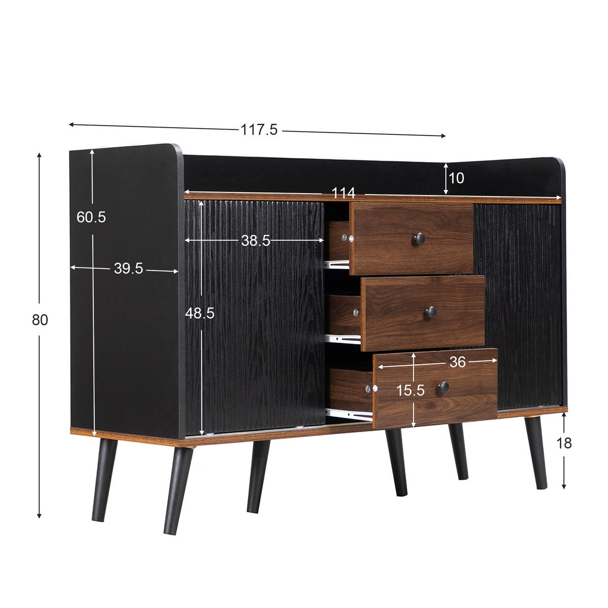 SIDEBOARD 117,5/40/80 cm in Schwarz/Holzfarben mit 3 Schubladen und Schiebetüren - Schwarz, Holzwerkstoff (117/80/40cm) - Flora Grace