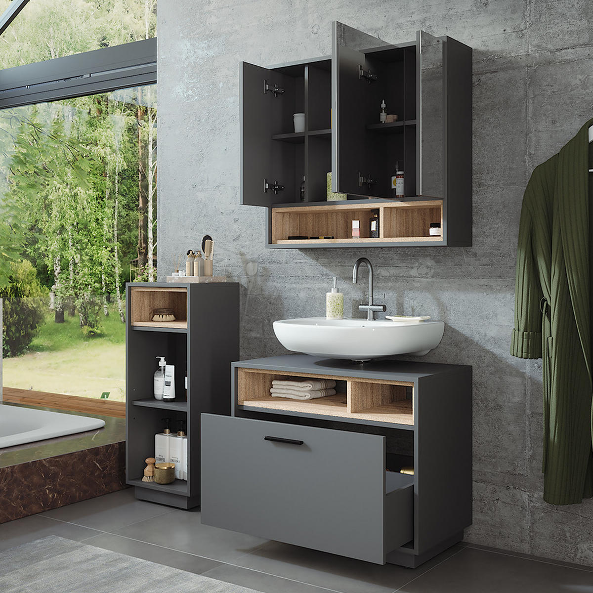 BADMÖBEL-SET Beatrice Anthrazit/Sonoma 3 Teile mit Midischrank - Anthrazit/Sonoma Eiche, Holzwerkstoff (80/64/35cm) - Vicco