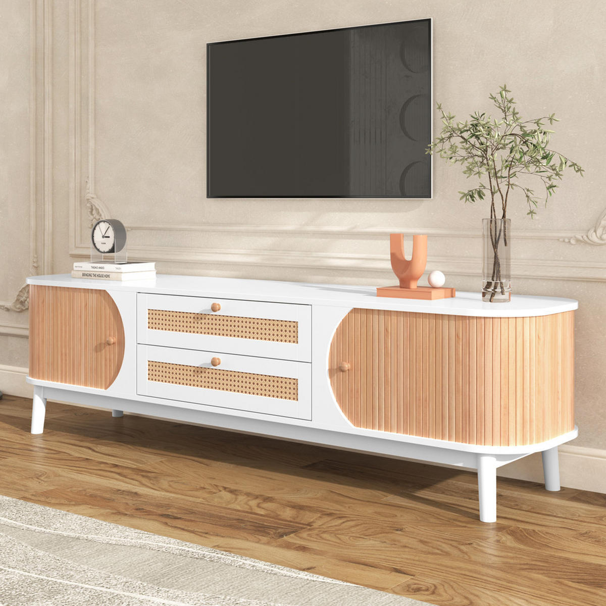 TV-SCHRANK Landhausstil mit Türen & Schubladen Rattanseiten Weiß - Weiß, Holz (47/8/184cm) - FLIEKS