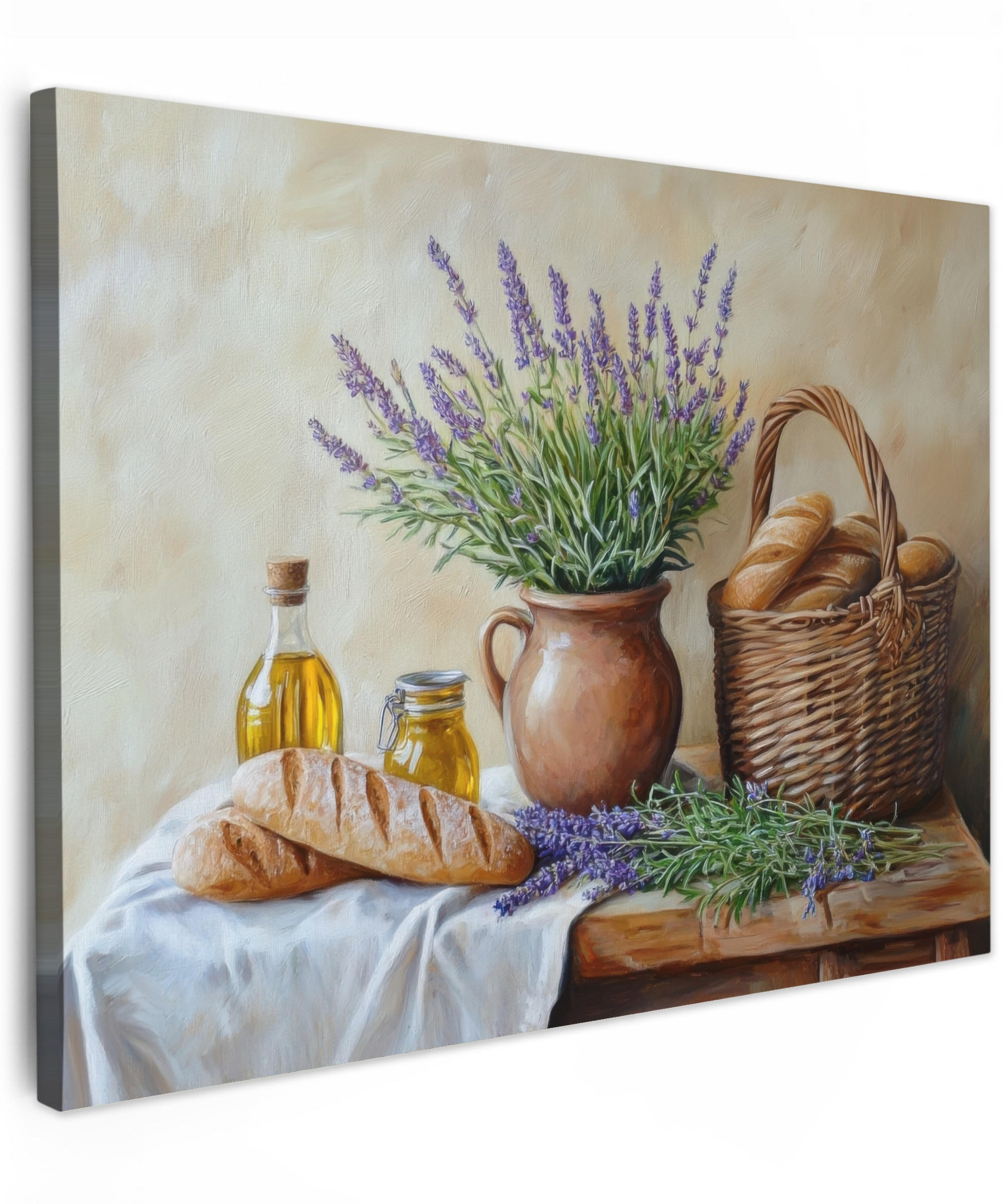 LEINWANDBILD Lavendel - Brot - Stilleben Wandbilder 80x60 cm - Flieder, Textil (80/60cm) - MuchoWow
