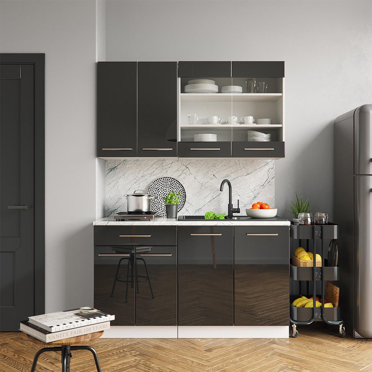 SINGLEKÜCHE Fame-Line Anthrazit Hochglanz/Weiß 140 cm, AP Anthrazit - Anthrazit/Weiß, Holzwerkstoff (140/81.6/60cm) - Vicco