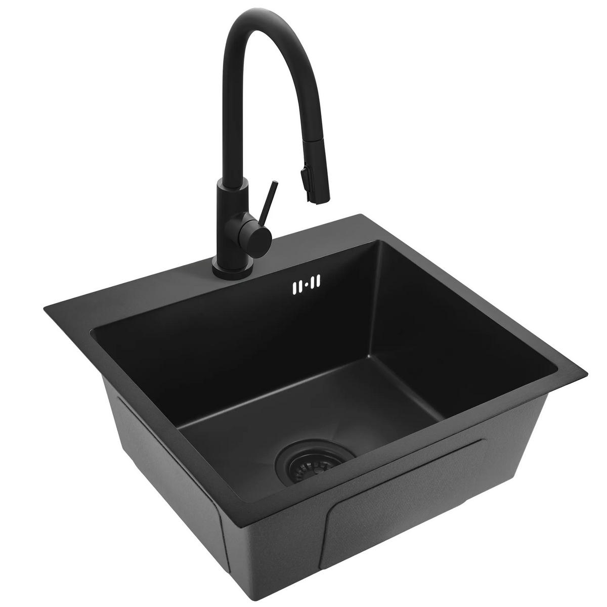 EDELSTAHLSPÜLE Rea Leo 50 Black mit Küchenarmatur - Schwarz, Metall (45/18.5/50cm) - REA