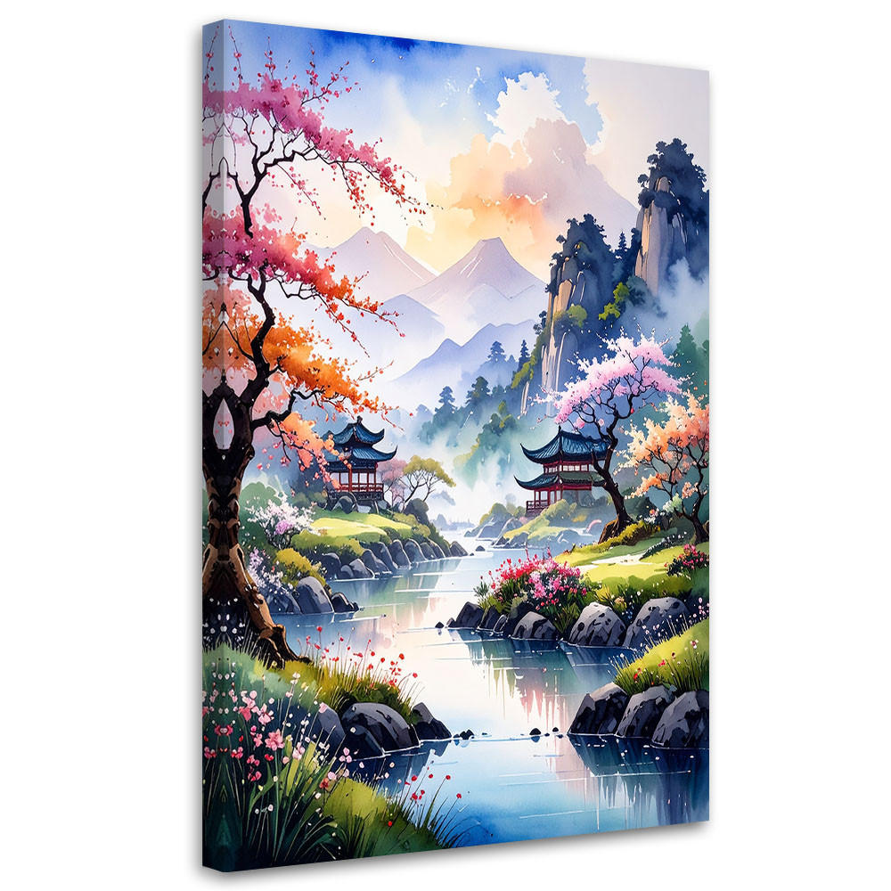 BILD auf Leinwand, Japanische Pagode Pastelllandschaft - Multicolor, Textil (40/60cm) - Feeby