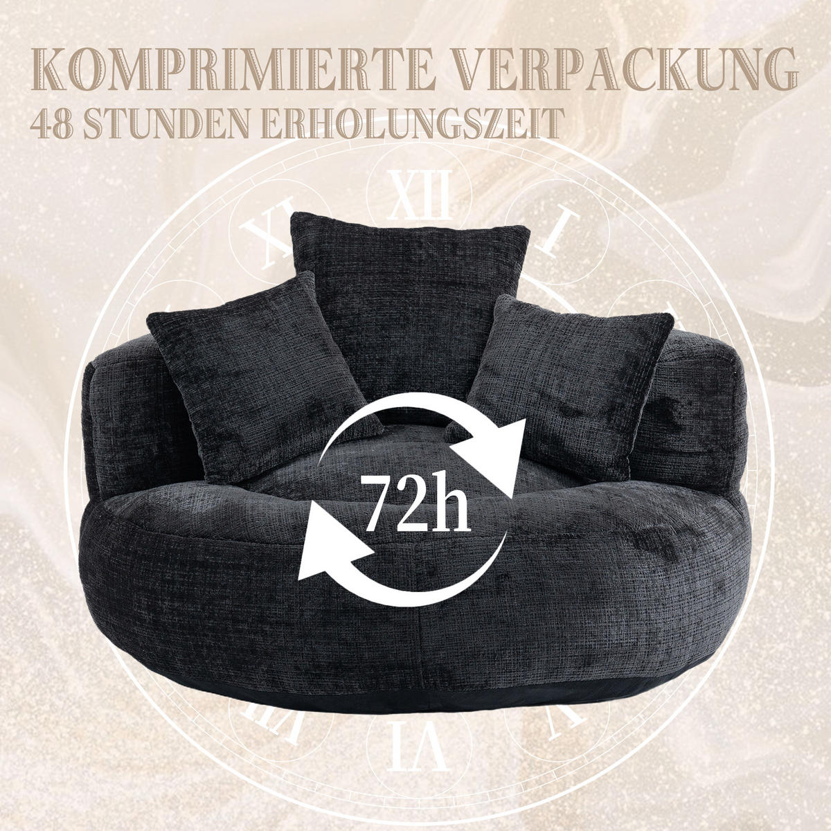 KŘESLO žinylkové podlahové křeslo, kulaté, s polštářem - černá, textil (108/52/108cm) - Urban Meuble