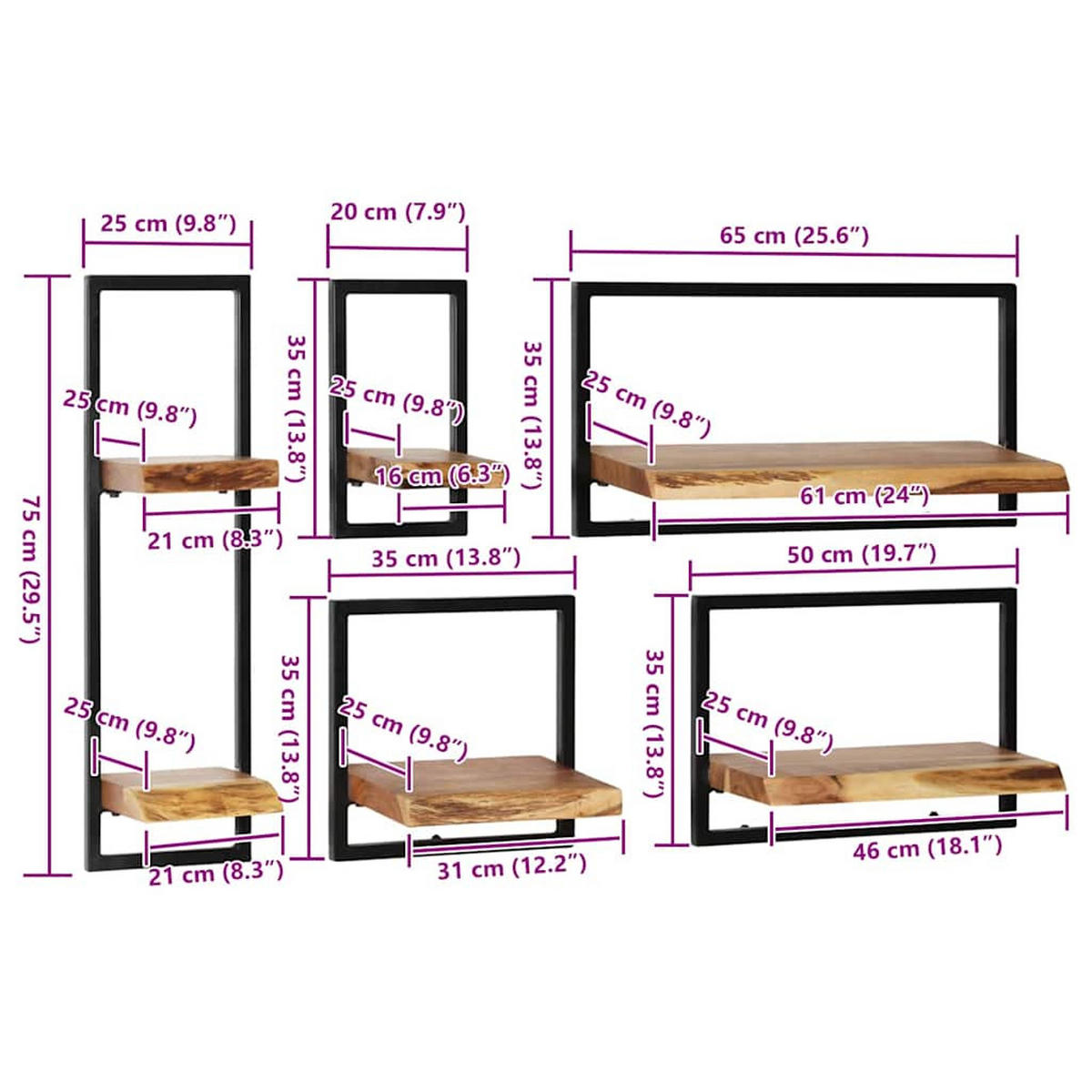 WANDREGAL-SET 5-Tlg. Akazienholz Massiv Und Stahl - Braun, Holz (35/75/65cm) - vidaXL