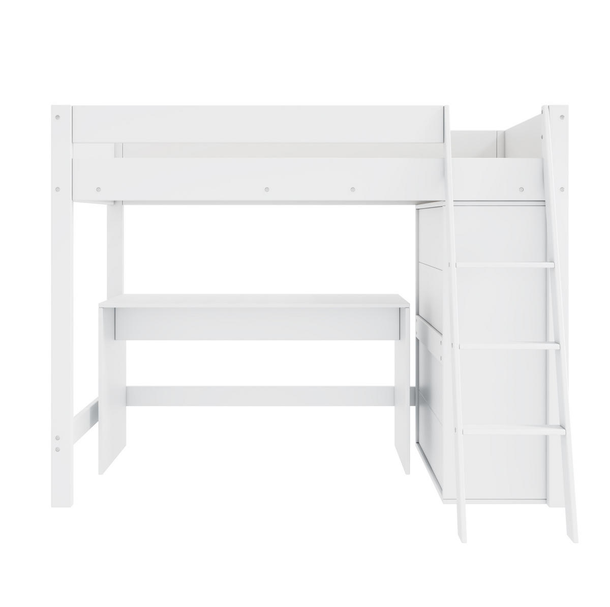 VISOKA Visoka postelja 90/200 cm bela iz masivnega lesa z mizo, omaro in lestvijo - bela, leseni material (90/200cm) - OKWISH
