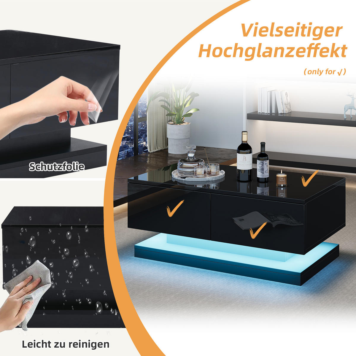 COUCHTISCH DE-147 Schwarz mit LED-Beleuchtung - Schwarz, Holzwerkstoff (50/90/38cm) - ComfortXL