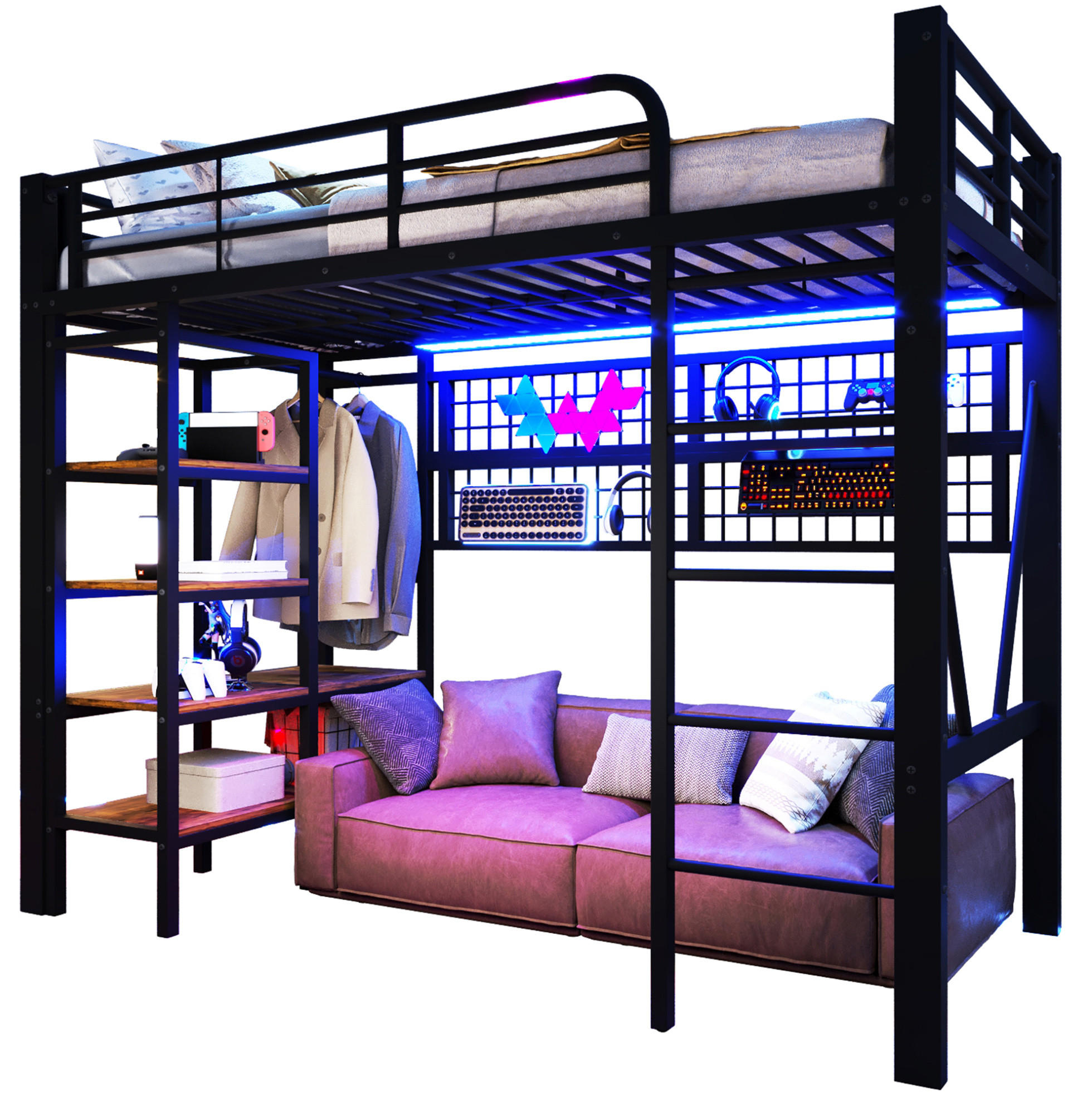 HOCHBETT mit Ablage und LED 90x200 cm Metall Schwarz - Schwarz, Metall (90/200cm) - Beauniv