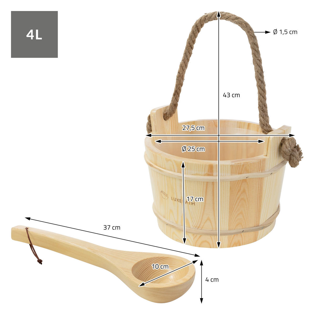 SAUNAZUBEHÖR-SET aus Kiefernholz mit Aufgusskübel und Schöpfkelle - Naturfarben, Holz (37/43/27.5cm) - LuxeBath