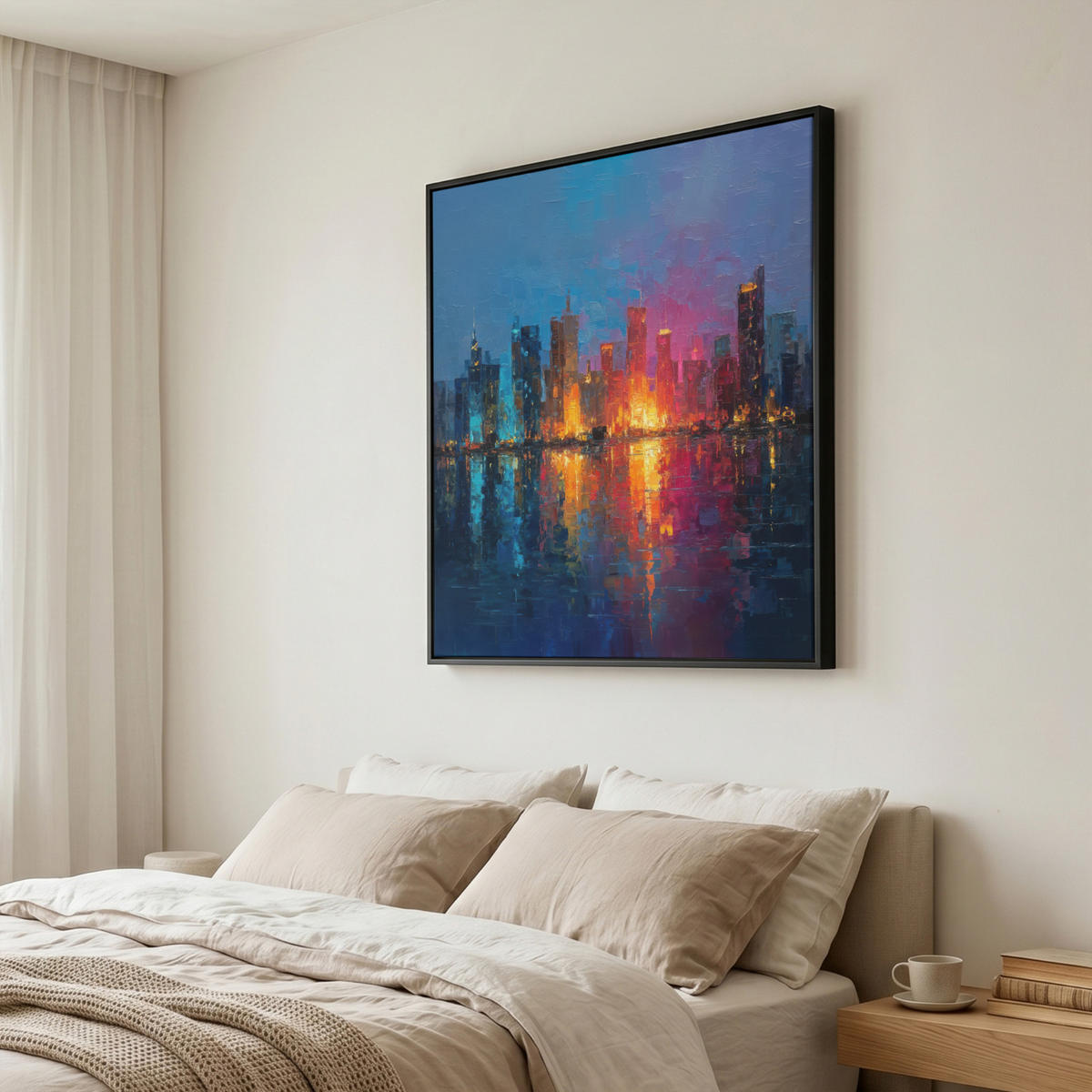 LEINWAND Bilder mit Rahmen - Skyline - Pinselstriche - Dunkelblau - Leuchtend - 90x90 - Blau, Textil (90/90cm) - MuchoWow