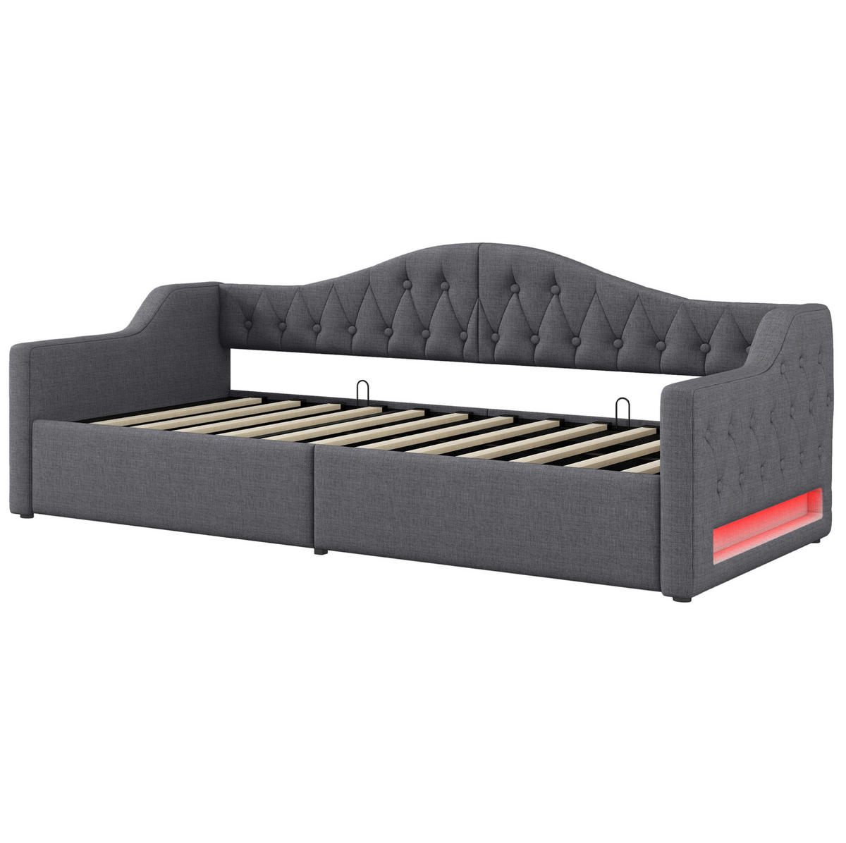 TAPECIRANI dnevni krevet 90/200 cm sivi od MDF-a i šperploče s LED rasvjetom i spremištem - siva, drvni materijal (90/200cm) - OKWISH